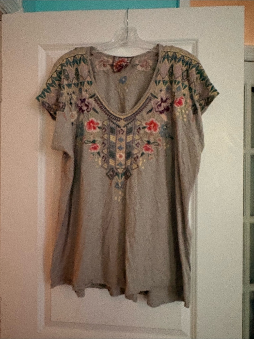 Johnny WasEmbroidered Boho Short Sleeve Top in Taupe